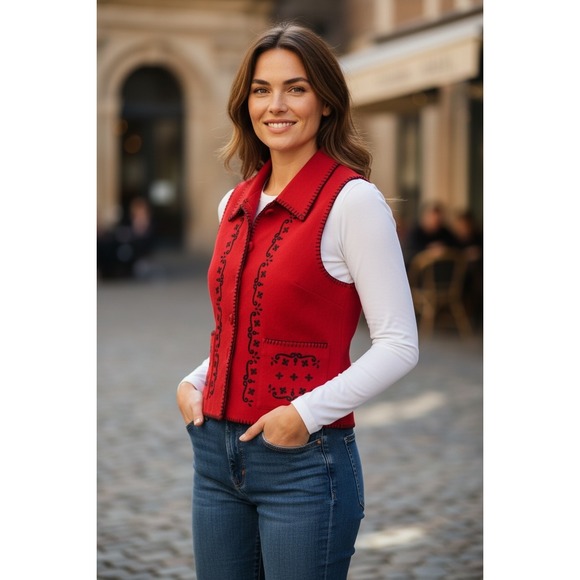 Talbots Jackets & Blazers - Talbots Petites Red Wool Blend Embroidered Blanket Stitch Vest Womens P Small